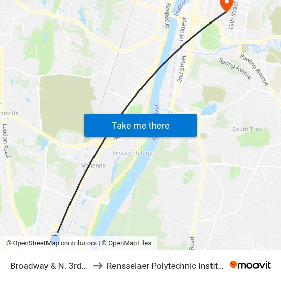 Broadway & N. 3rd St to Rensselaer Polytechnic Institute map