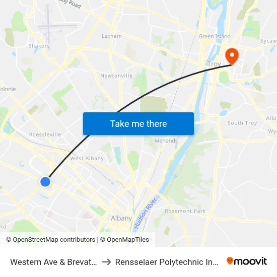 Western Ave & Brevator St to Rensselaer Polytechnic Institute map