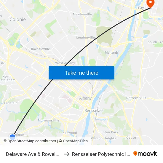 Delaware Ave & Roweland Ave to Rensselaer Polytechnic Institute map
