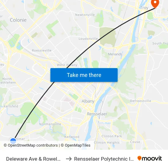 Deleware Ave & Roweland Ave to Rensselaer Polytechnic Institute map