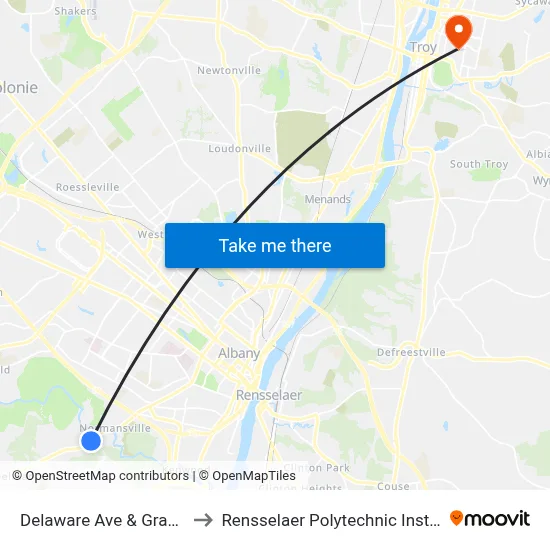Delaware Ave & Grant St to Rensselaer Polytechnic Institute map