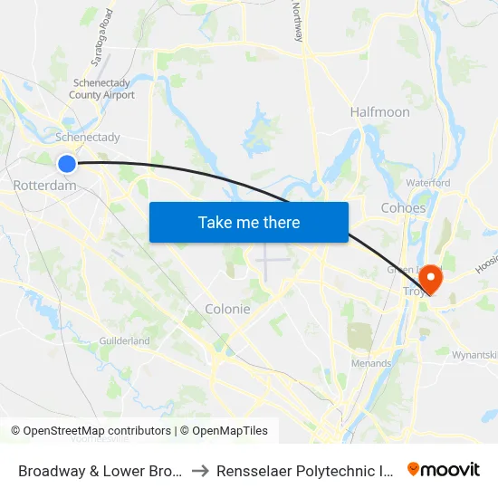Broadway & Lower Broadway to Rensselaer Polytechnic Institute map