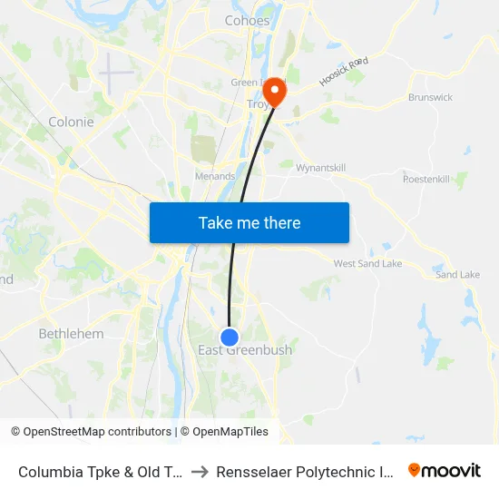 Columbia Tpke & Old Troy Rd to Rensselaer Polytechnic Institute map