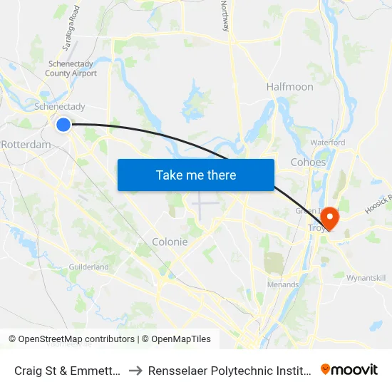 Craig St & Emmett St to Rensselaer Polytechnic Institute map