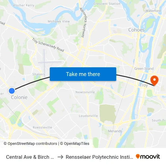 Central Ave & Birch Ave to Rensselaer Polytechnic Institute map