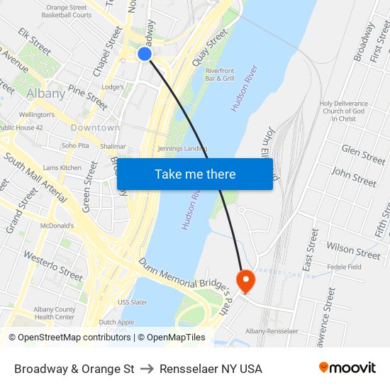 Broadway & Orange St to Rensselaer NY USA map