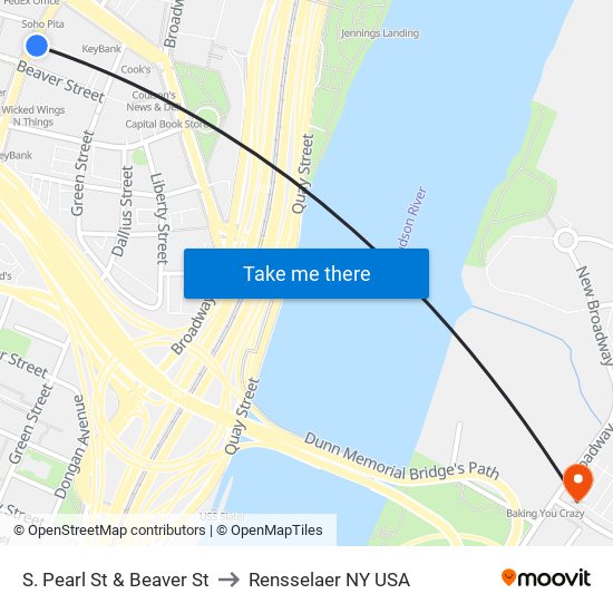 S. Pearl St & Beaver St to Rensselaer NY USA map