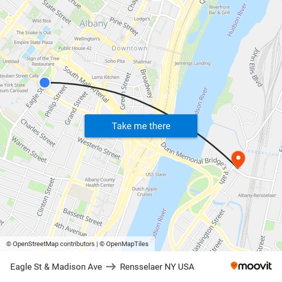 Eagle St & Madison Ave to Rensselaer NY USA map