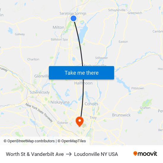 Worth St & Vanderbilt Ave to Loudonville NY USA map