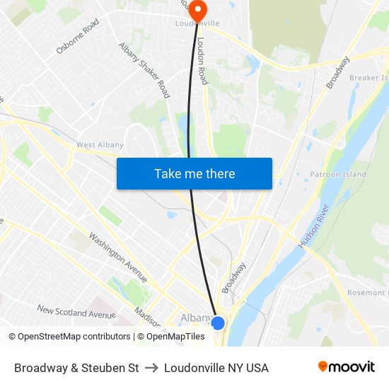 Broadway & Steuben St to Loudonville NY USA map
