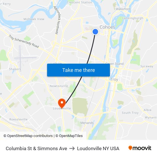 Columbia St & Simmons Ave to Loudonville NY USA map