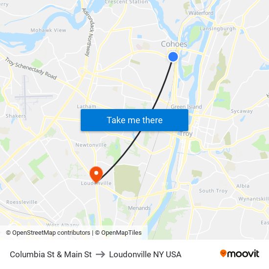 Columbia St & Main St to Loudonville NY USA map