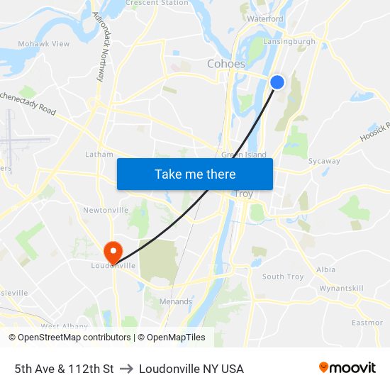 5th Ave & 112th St to Loudonville NY USA map