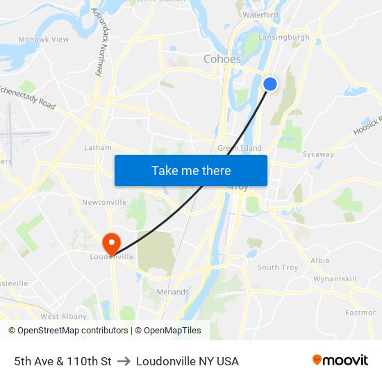 5th Ave & 110th St to Loudonville NY USA map