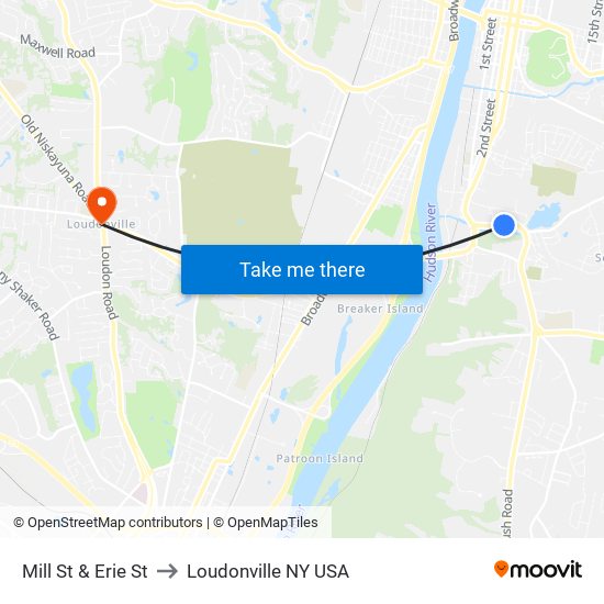 Mill St & Erie St to Loudonville NY USA map