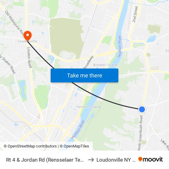 Rt 4 & Jordan Rd (Rensselaer Techpark) to Loudonville NY USA map