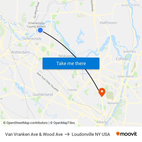 Van Vranken Ave & Wood Ave to Loudonville NY USA map