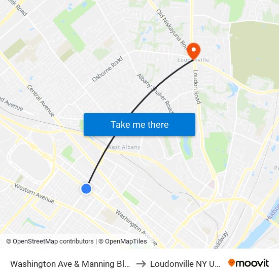 Washington Ave & Manning Blvd to Loudonville NY USA map