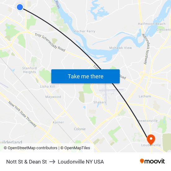 Nott St & Dean St to Loudonville NY USA map