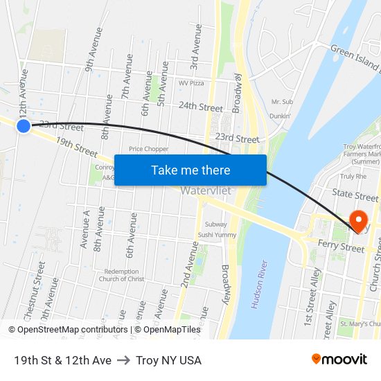 19th St & 12th Ave to Troy NY USA map