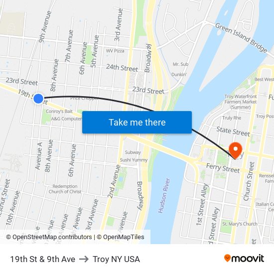 19th St & 9th Ave to Troy NY USA map