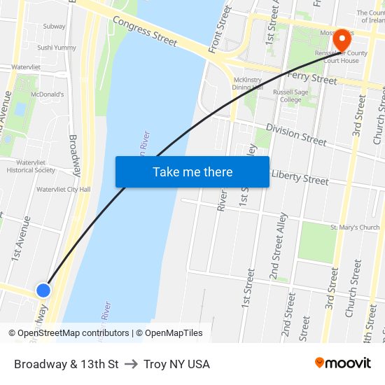 Broadway & 13th St to Troy NY USA map