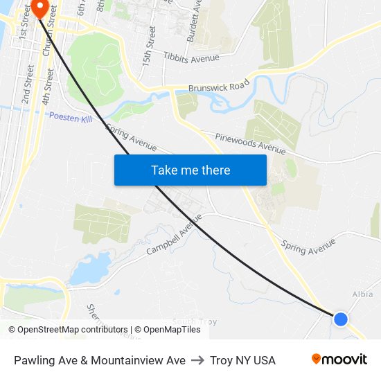 Pawling Ave & Mountainview Ave to Troy NY USA map