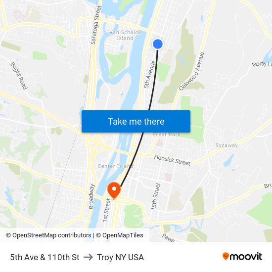 5th Ave & 110th St to Troy NY USA map