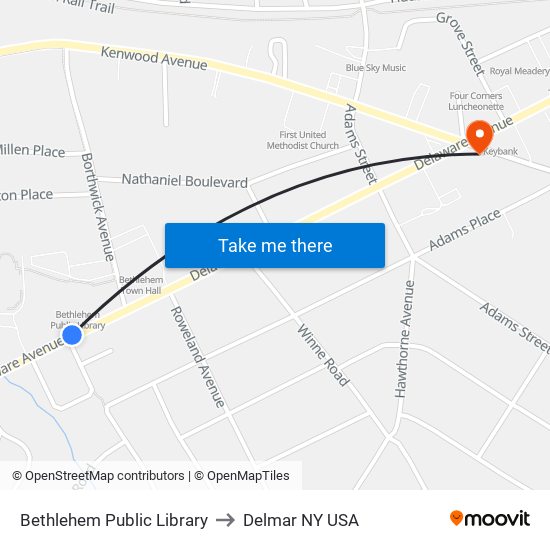 Bethlehem Public Library to Delmar NY USA map