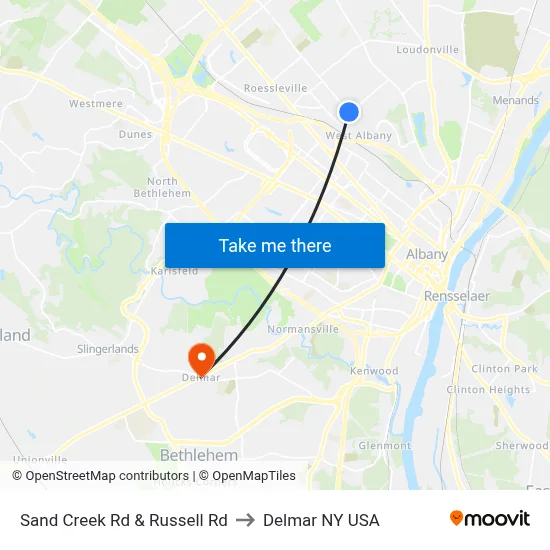Sand Creek Rd & Russell Rd to Delmar NY USA map
