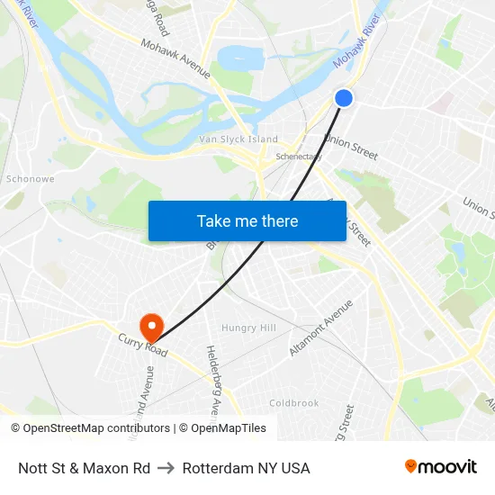 Nott St & Maxon Rd to Rotterdam NY USA map