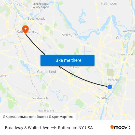 Broadway & Wolfert Ave to Rotterdam NY USA map