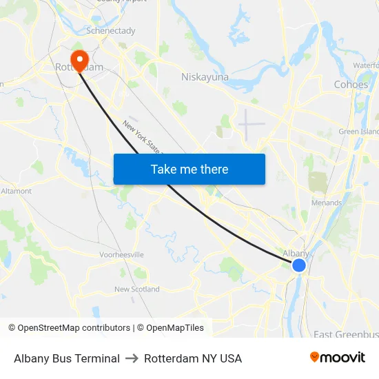 Albany Bus Terminal to Rotterdam NY USA map