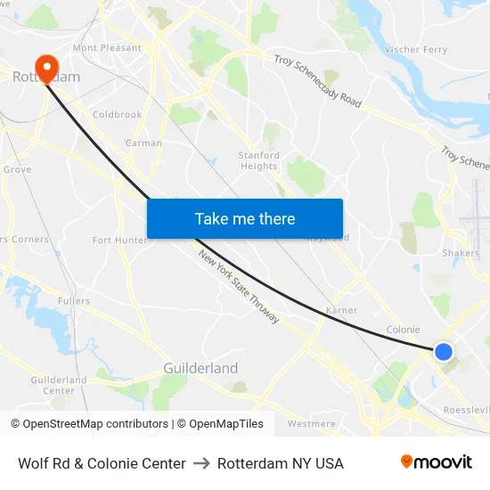 Wolf Rd & Colonie Center to Rotterdam NY USA map