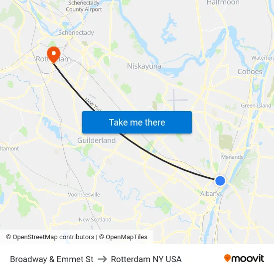 Broadway & Emmet St to Rotterdam NY USA map