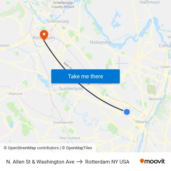 N. Allen St & Washington Ave to Rotterdam NY USA map