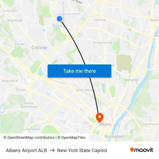 Albany Airport ALB to New York State Capitol map