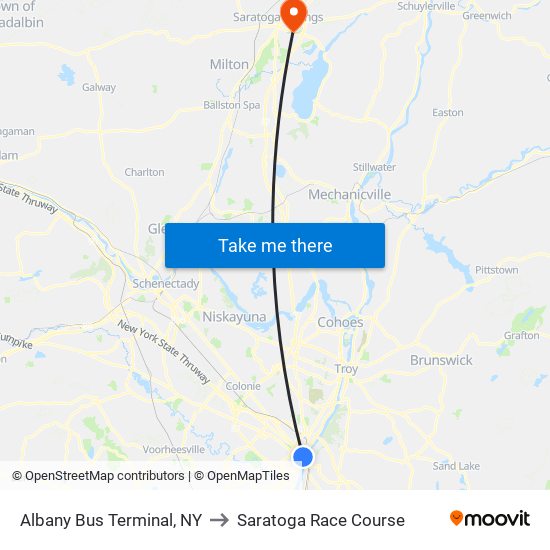 Albany Bus Terminal, NY to Saratoga Race Course map