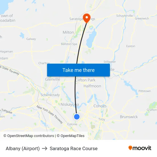 Albany (Airport) to Saratoga Race Course map