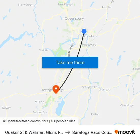 Quaker St & Walmart Glens Falls to Saratoga Race Course map