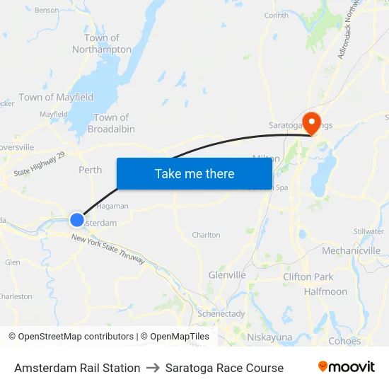 Amsterdam Rail Station to Saratoga Race Course map