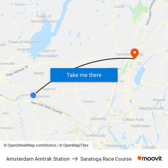 Amsterdam Amtrak Station to Saratoga Race Course map