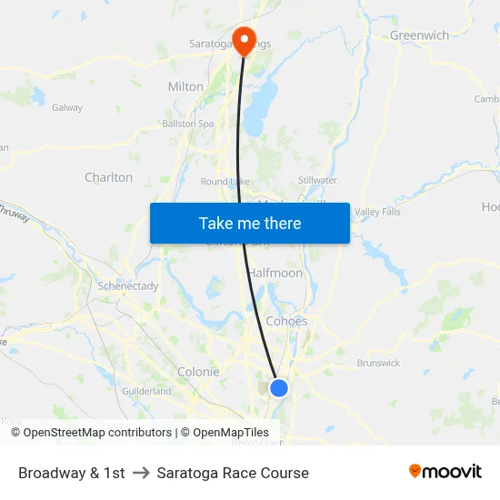 Broadway & 1st to Saratoga Race Course map