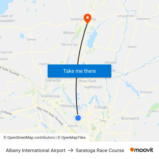 Albany International Airport to Saratoga Race Course map