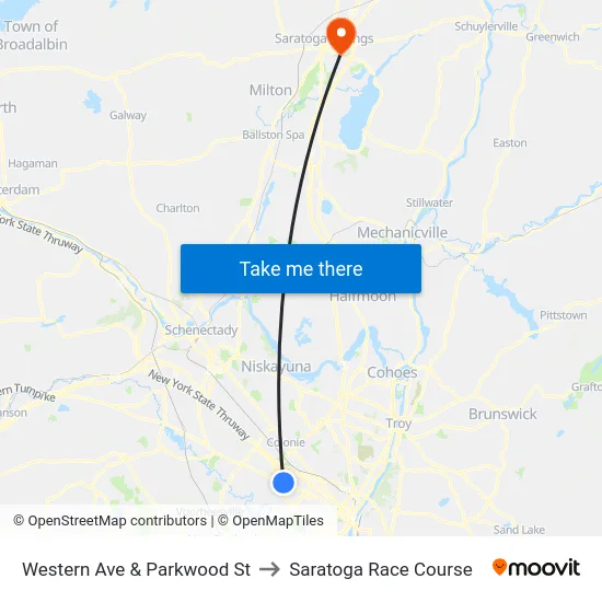Western Ave & Parkwood St to Saratoga Race Course map