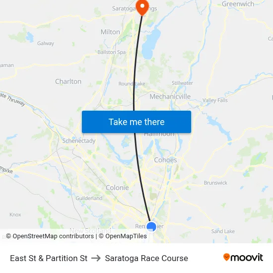 East St & Partition St to Saratoga Race Course map