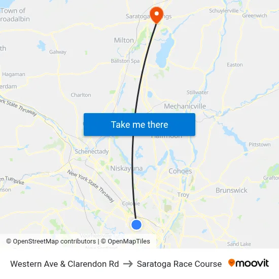 Western Ave & Clarendon Rd to Saratoga Race Course map
