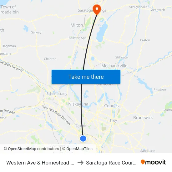 Western Ave & Homestead St to Saratoga Race Course map