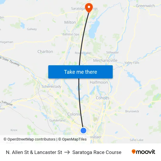 N. Allen St & Lancaster St to Saratoga Race Course map