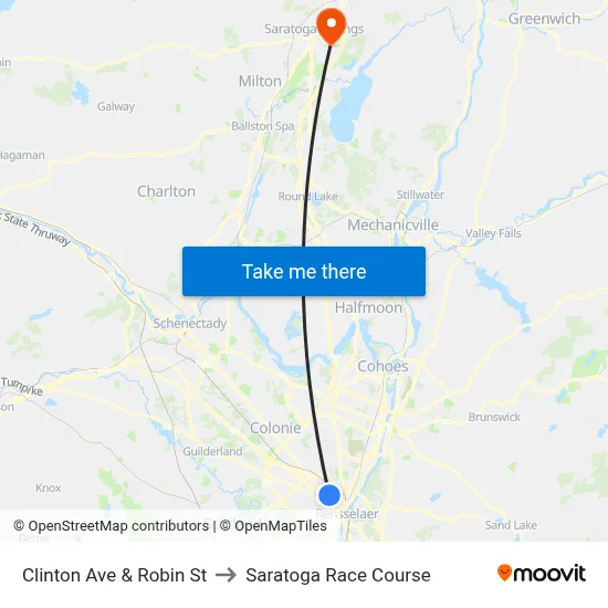 Clinton Ave & Robin St to Saratoga Race Course map